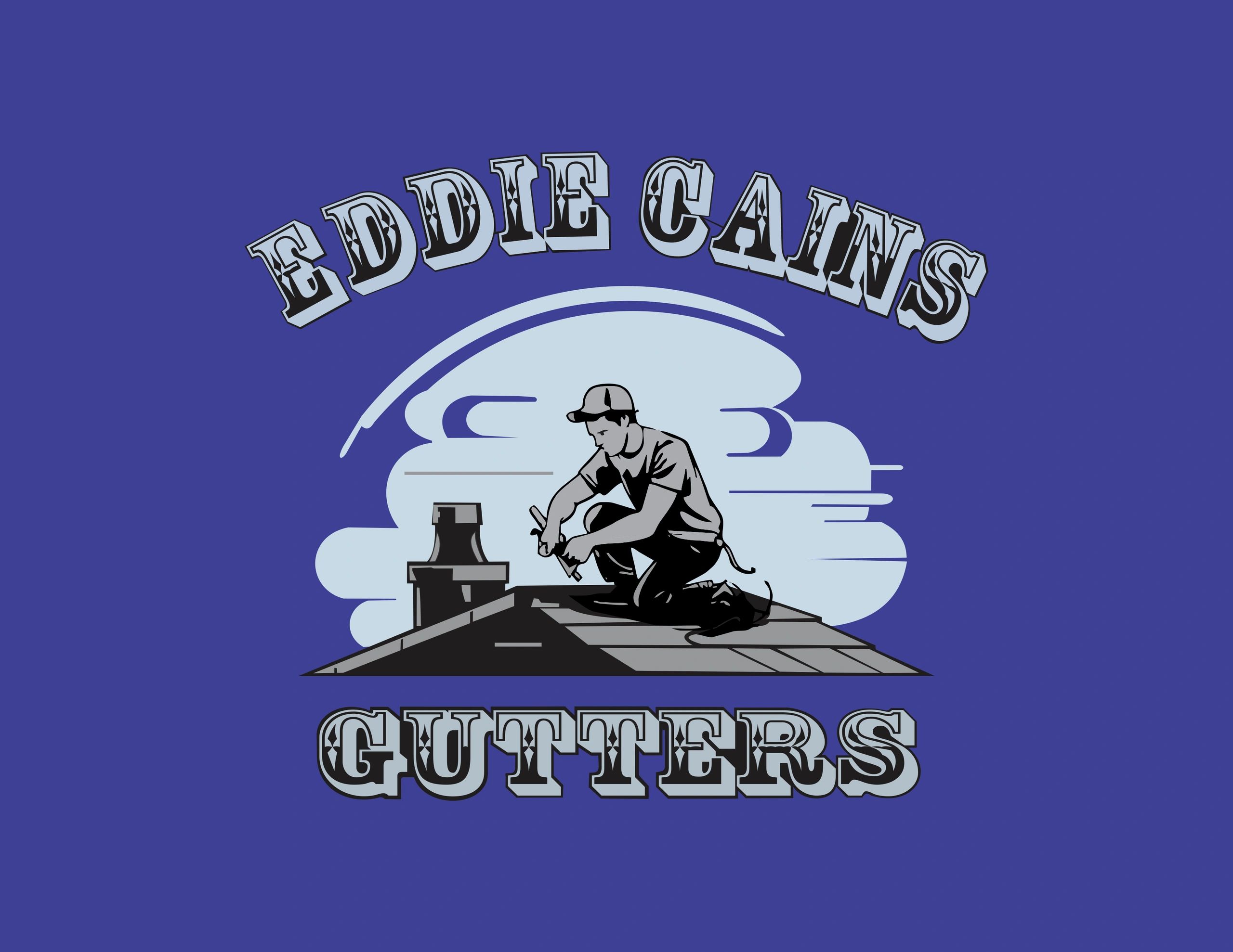 Logo for Eddie Cains Gutters with a man working on a roof.