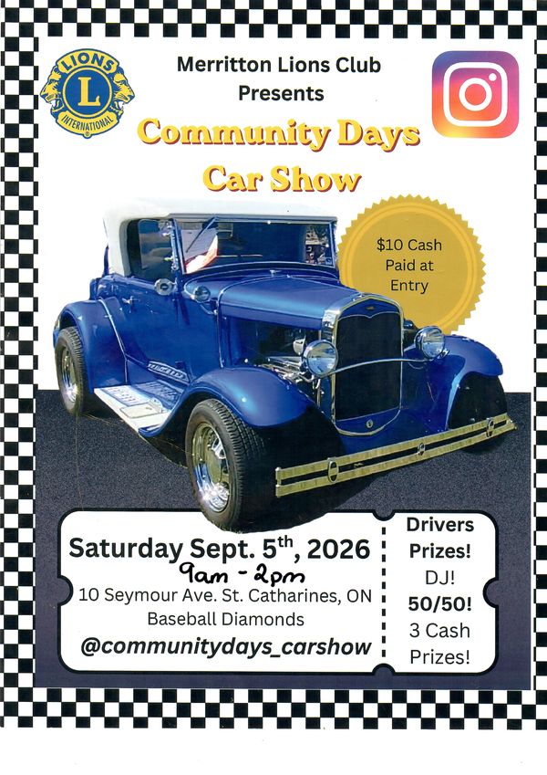 Flyer for Merritton Lions Club Community Days Car Show on Sept. 5, 2026.