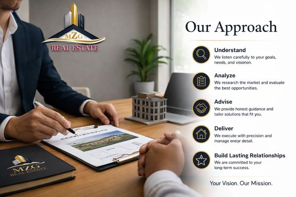 Real estate consultation highlighting a five-step approach to client success.