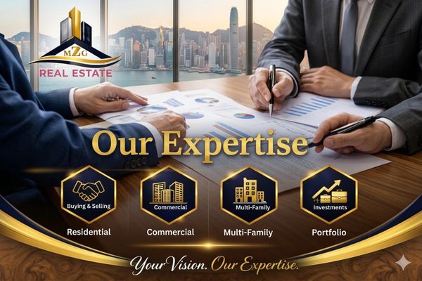 Real estate professionals discussing investment charts in a city office.