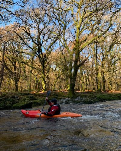 Kayaker paddling on a river surrounded by trees.