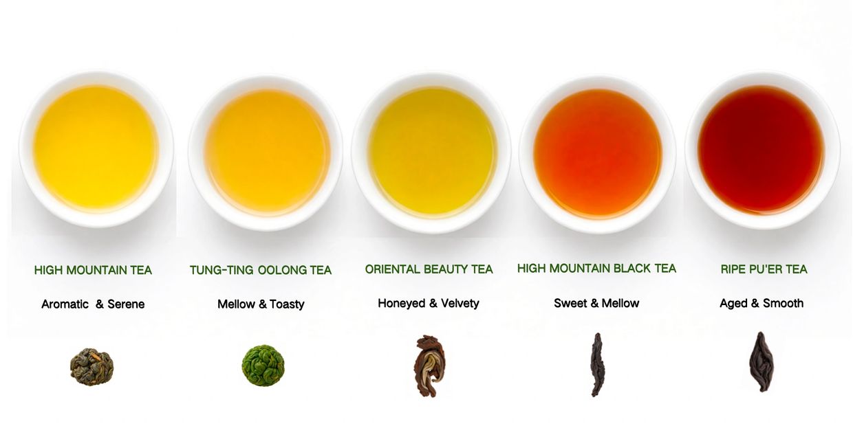 Five types of teas with different colors and descriptions.