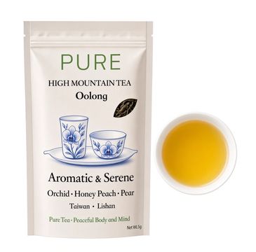 Pure High Mountain Oolong Tea package with brewed tea.