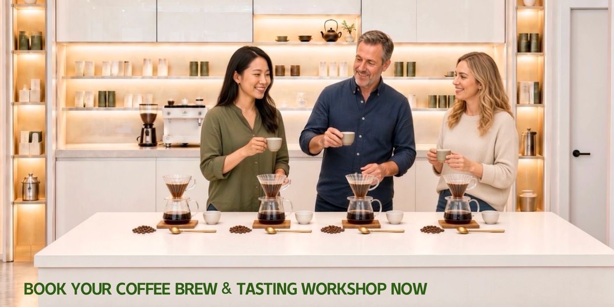 Three people enjoying coffee tasting in a workshop.