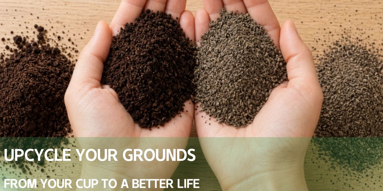 Hands holding upcycled coffee grounds.