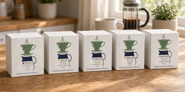 Five coffee boxes on a wooden table near a window.