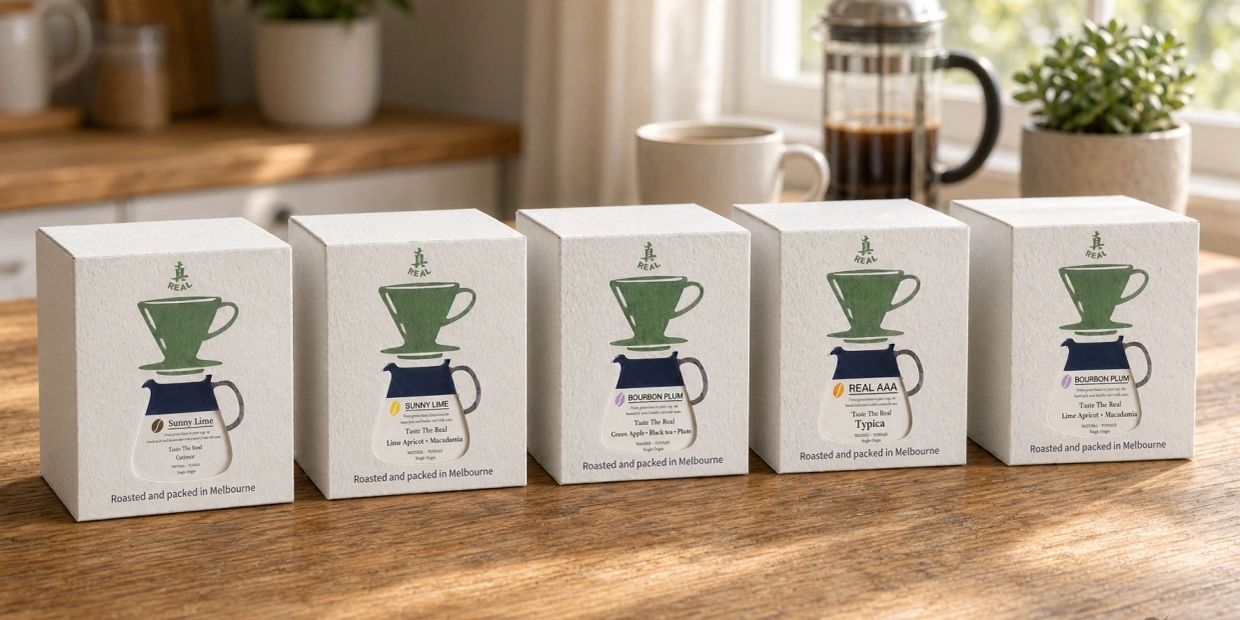 Rows of coffee boxes on a wooden table.