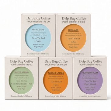 Five varieties of Drip Bag Coffee packaged for pour-over on the go.