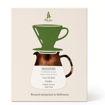 Coffee brewing illustration with text about Gesha coffee.