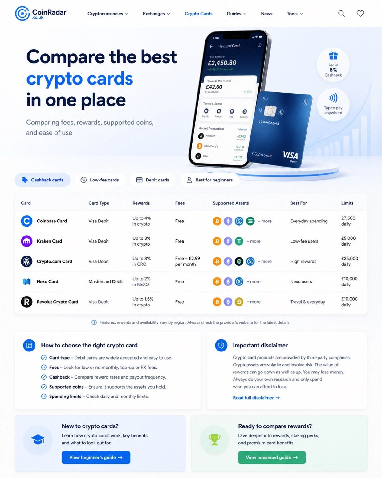 Compare crypto cards with coinradar ® Comparison of top crypto cards with rewards, fees, and limits for easy selection.