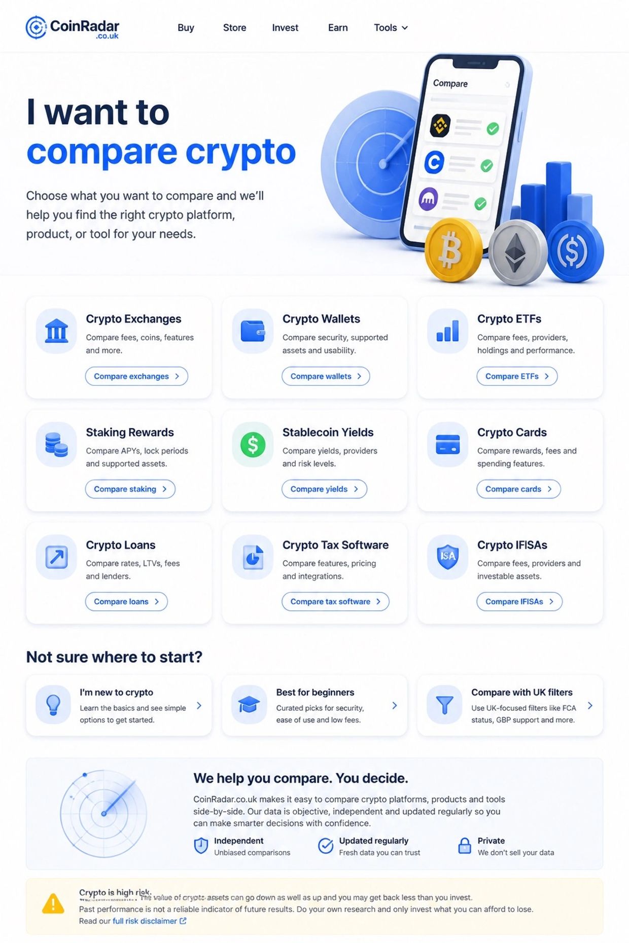 CoinRadar.co.uk helps users compare various crypto platforms, products, and tools easily.