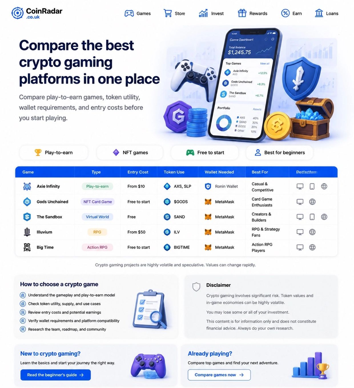Comparison chart of top crypto gaming platforms 