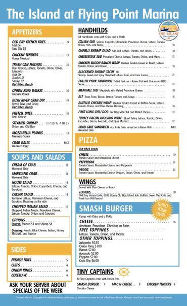 Menu featuring appetizers, soups, salads, pizzas, wings, and burgers at The Island at Flying Point Marina.