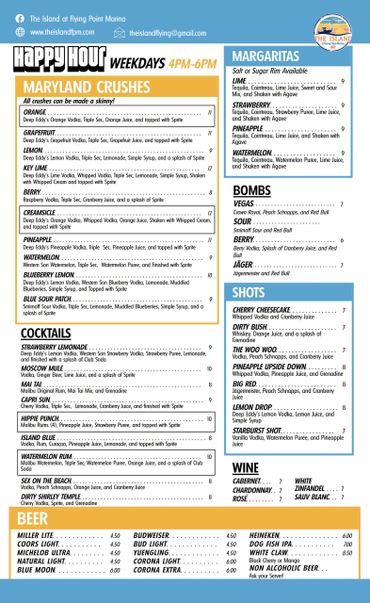 Happy Hour menu with Maryland Crushes, cocktails, shots, bombs, beer, and wine options.
