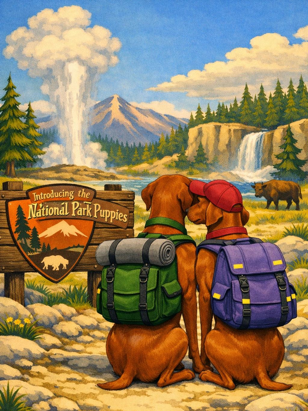 Two dogs with backpacks in a national park setting.