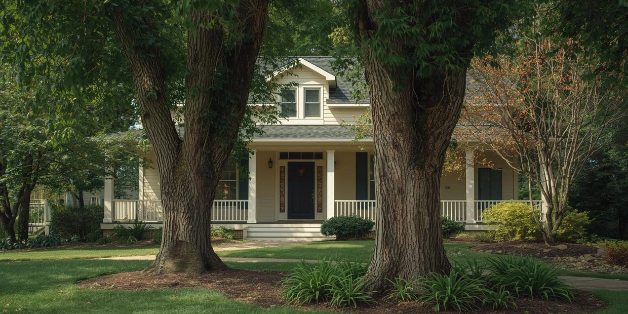 A house with landscape trees in front of it.