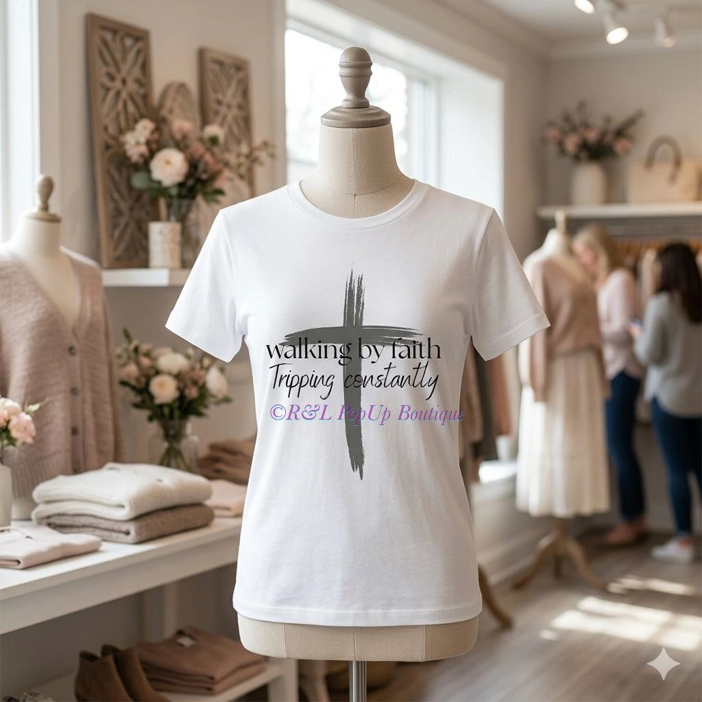 White t-shirt with a faith-inspired quote displayed in a boutique setting.