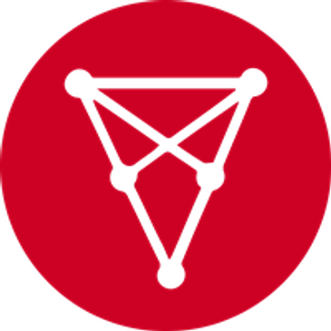 Red circular logo with a connected triangular network design.