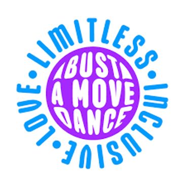 Colorful circular logo with dance-inspired text in blue and purple.
