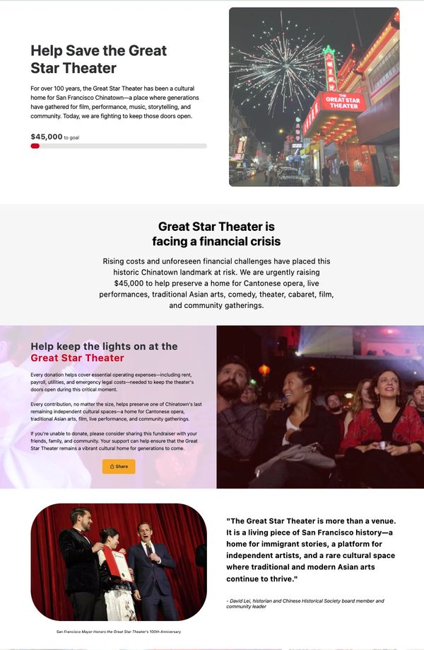 Fundraiser to save San Francisco's historic Great Star Theater .