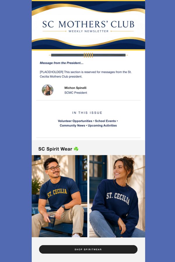 SC Mothers' Club newsletter featuring spirit wear.