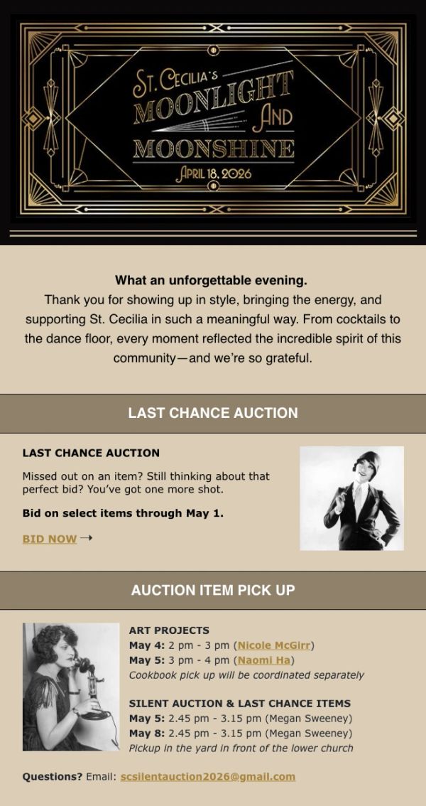 Invitation for St. Cecilia's Moonlight and Moonshine event with auction details.