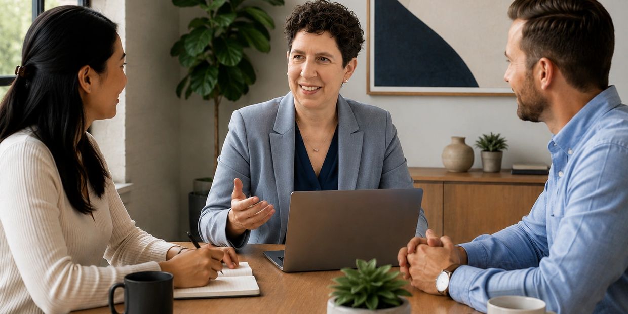 A professional woman advises a couple during a meeting with a laptop and notes.