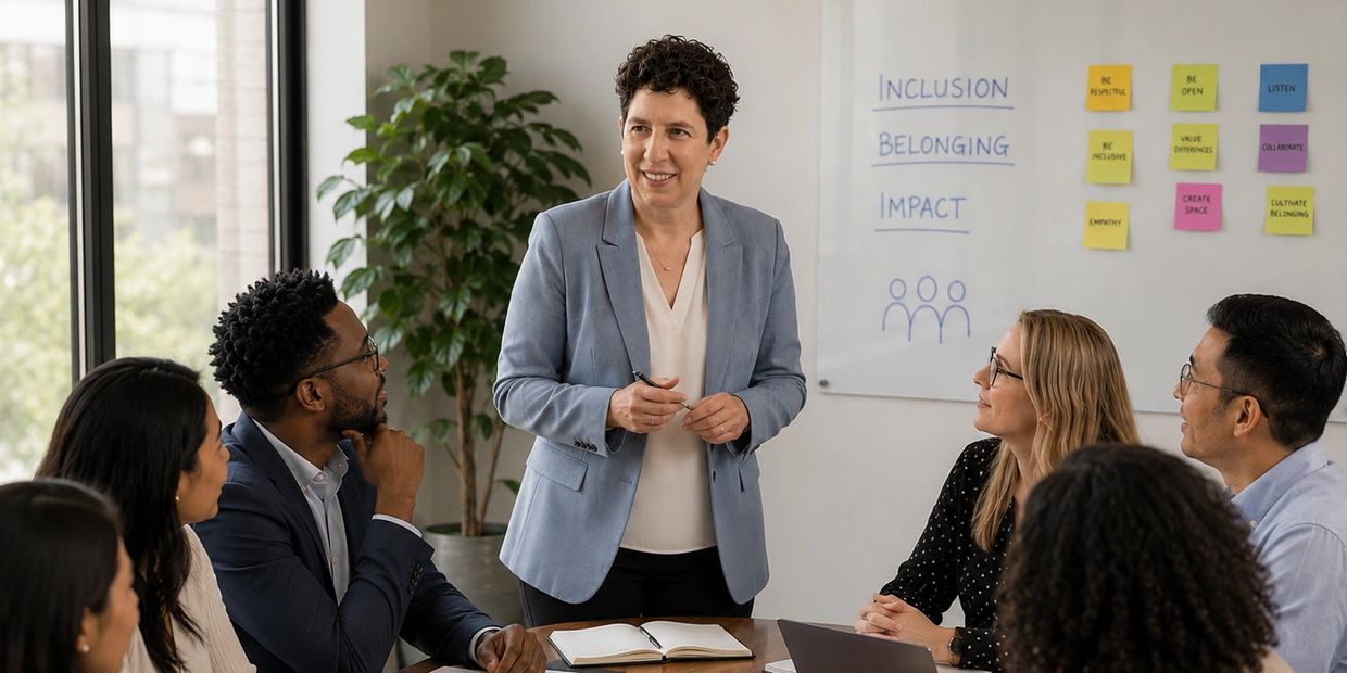 A diverse group engaged in a professional meeting focused on inclusion and belonging.