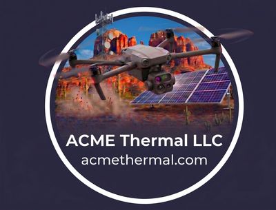 Logo of ACME Thermal LLC with drone and solar panels.