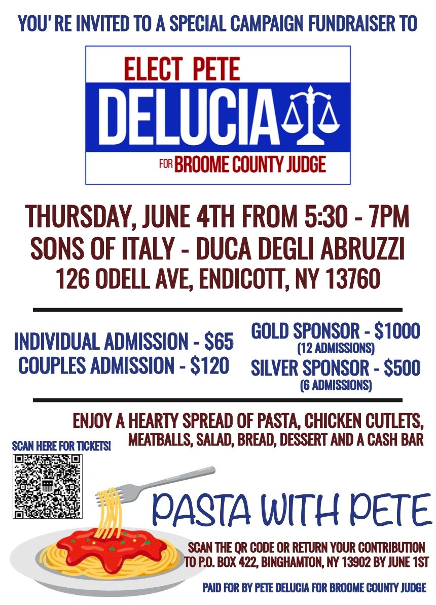 Fundraiser invitation for Pete DeLucia's campaign with a pasta dinner event in Endicott, NY.