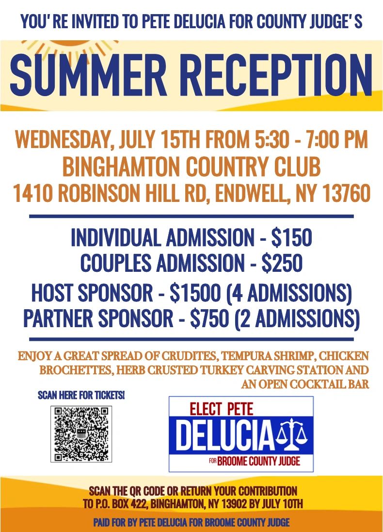 Invitation to Pete DeLucia's summer reception for Broome County Judge election.