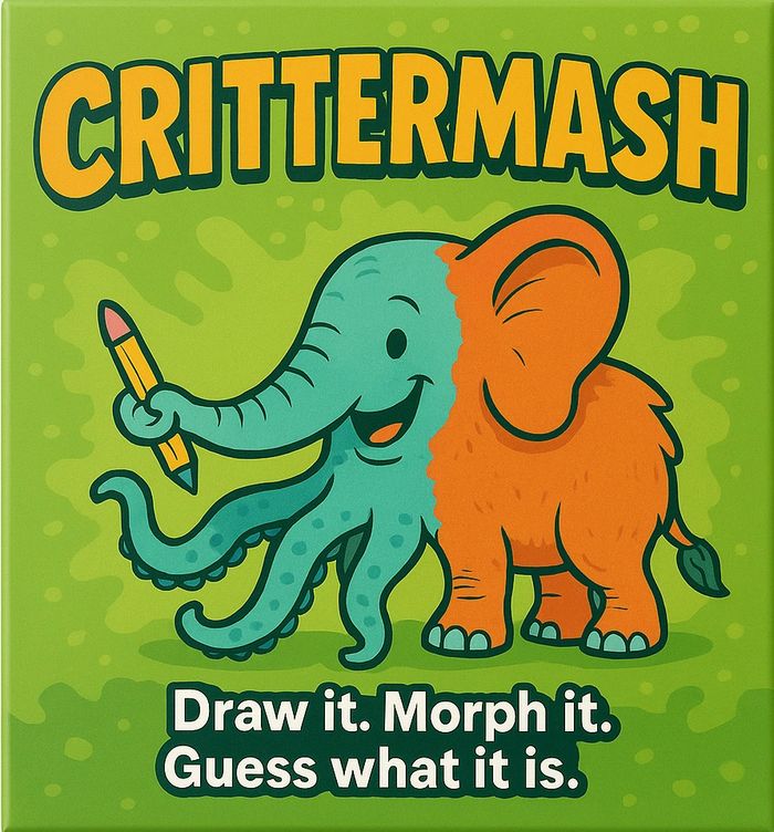board game cover with a silly elephant and octopus combined creature holding a pencil in its trunk 