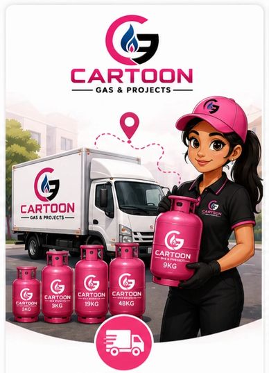 Cartoon Gas &amp; Projects delivery showcase with logo and staff.