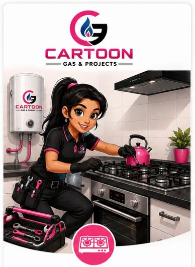 Cartoon Gas &amp; Projects female technician fixing kitchen gas stove.