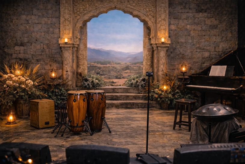 A cozy, rustic music stage with various instruments and warm lighting.