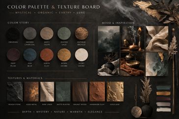 Elegant color palette and texture board with earthy, mystical tones.