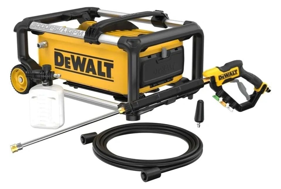 DeWalt 3000 PSI pressure washer with accessories including hose and spray gun.