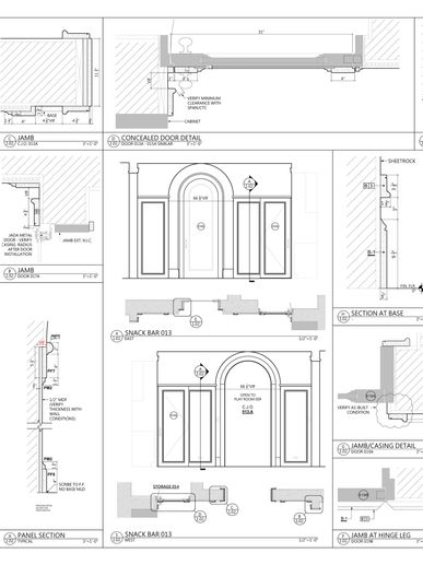 Detailed architectural drawings showing door and jamb sections for a snack bar area.