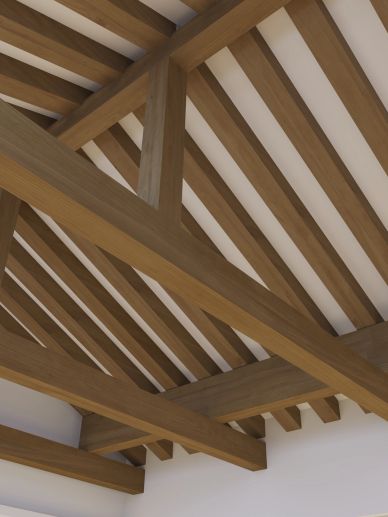 Wooden ceiling beams arranged in a geometric pattern.