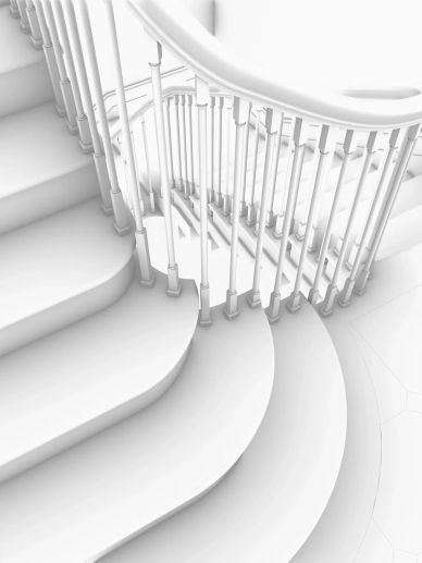 Minimalistic white staircase with curved steps and vertical railings.