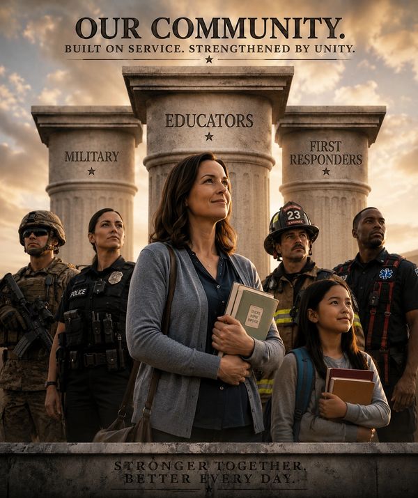 Community pillars: military, educators, and first responders united in service and strength.