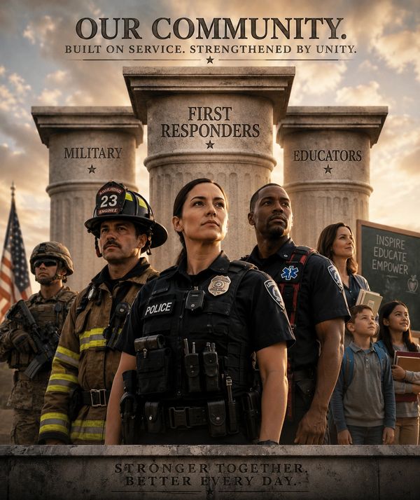 Community pillars: military, first responders, and educators united for strength and service.
