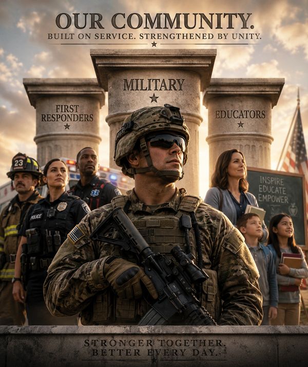 Military, first responders, and educators united as pillars of the community.
