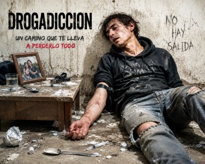 Man struggling with drug addiction in a grim room with a warning message about losing everything.