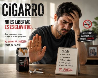 Hombre rechazando un cigarro, promoviendo dejar de fumar para una vida mejor.
