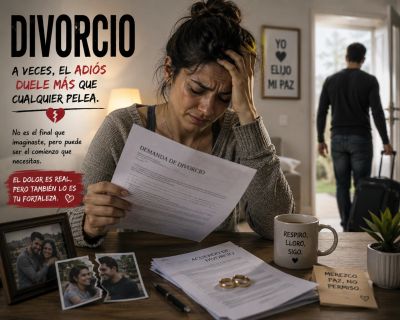 Mujer triste leyendo documentos de divorcio mientras un hombre se va con una maleta.
