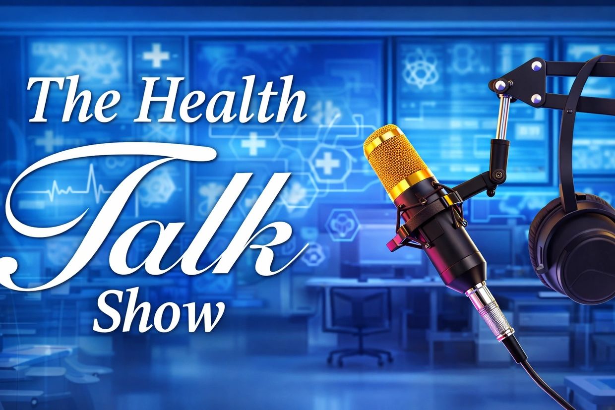 Podcast setup for The Health Talk Show with microphone and headphones.