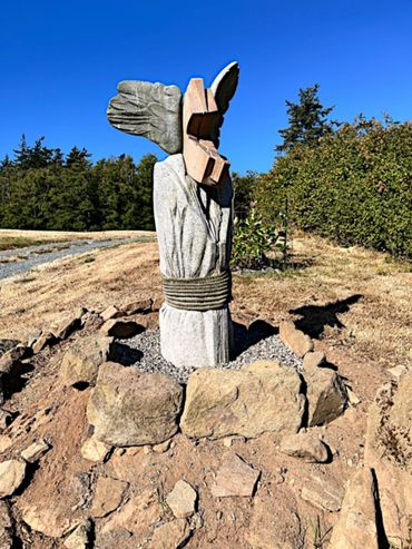 "Prometheus" 2010, Granite, stoneware, rope, approximately 5.5 feet tall. 
Private Collection, Lummi