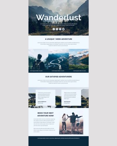 Wanderlust travel adventure webpage with nature and mountains backgrounds.