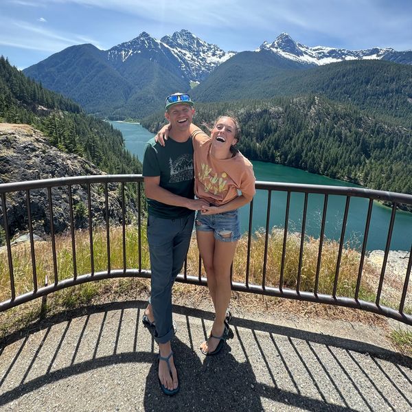 Stopped for a picture of the two of us at an overlook of the beautiful PNW on our way to Mazama WA. 